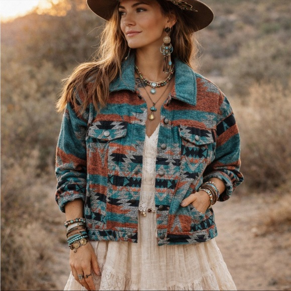 Women's Boho Aztec Western Pattern Button Up Jacket Shacket Large - Picture 16 of 16